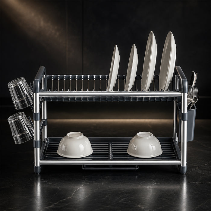 Aluminium 2-Tier Dish Drying Rack with Cutlery & Cup Holders - Silver & Grey