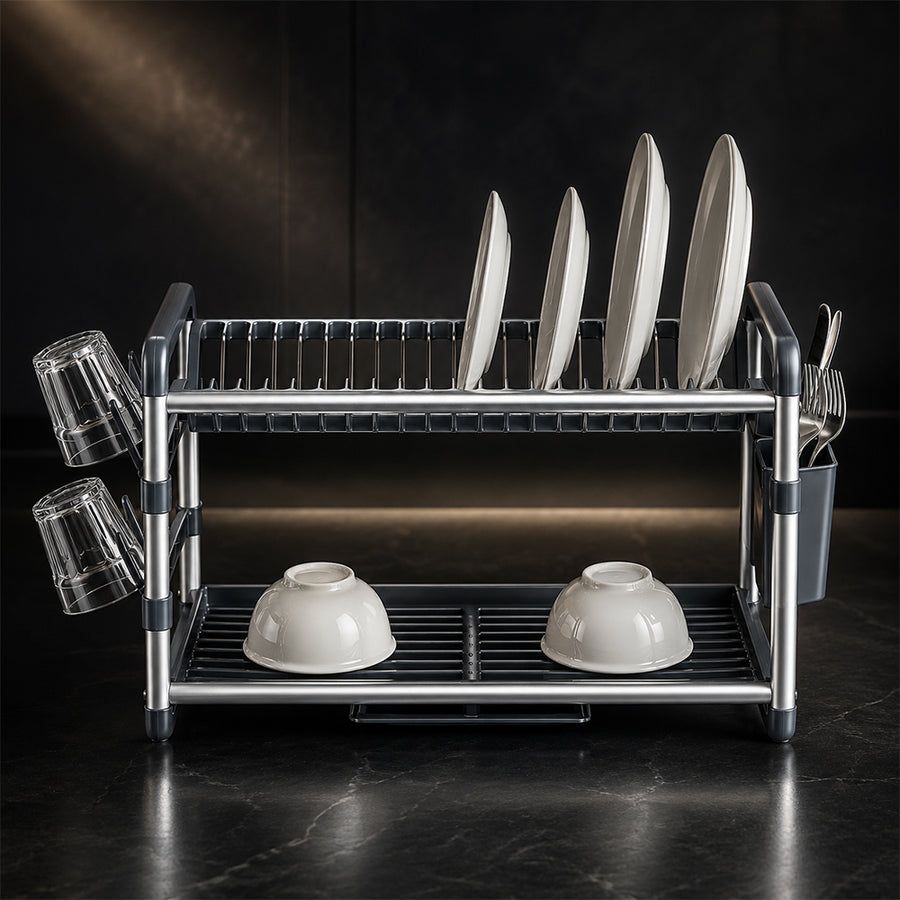 Aluminium 2-Tier Dish Drying Rack with Cutlery & Cup Holders - Silver & Grey