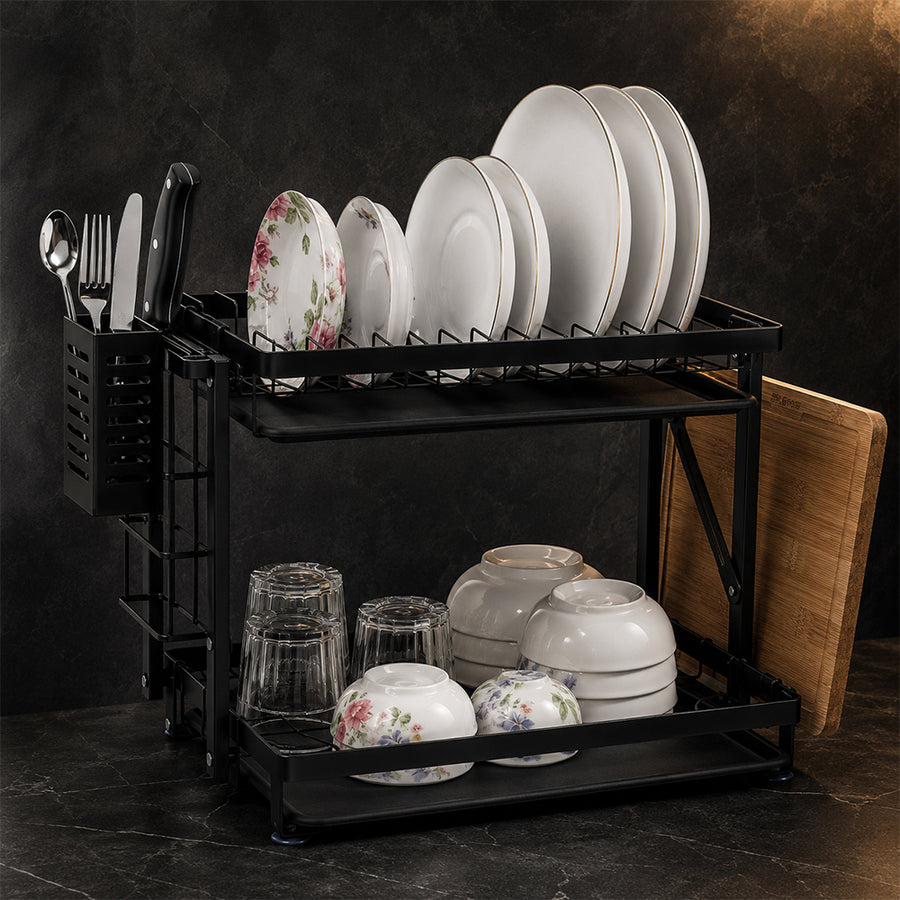 Large 2-Tier Dish Drying Rack with Drain Board & Utensil Holder - Black