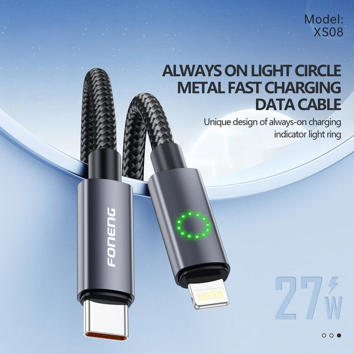 FONENG 1.2m Metal Head Green Light Braided Charging Cable