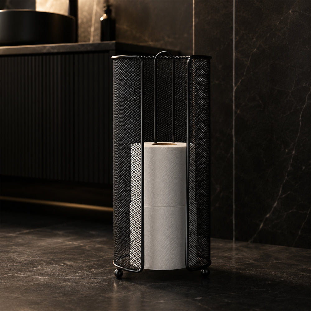 Standing Toilet Paper Roll Holder with Storage - Black Freestanding Bathroom Tissue Organizer