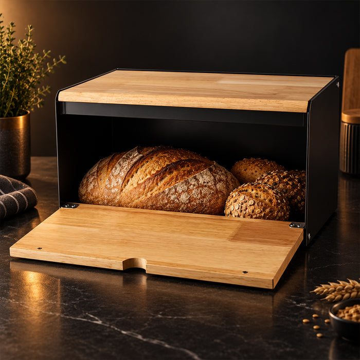 Stainless Steel Bread Bin with Wooden Lid 35.6cm