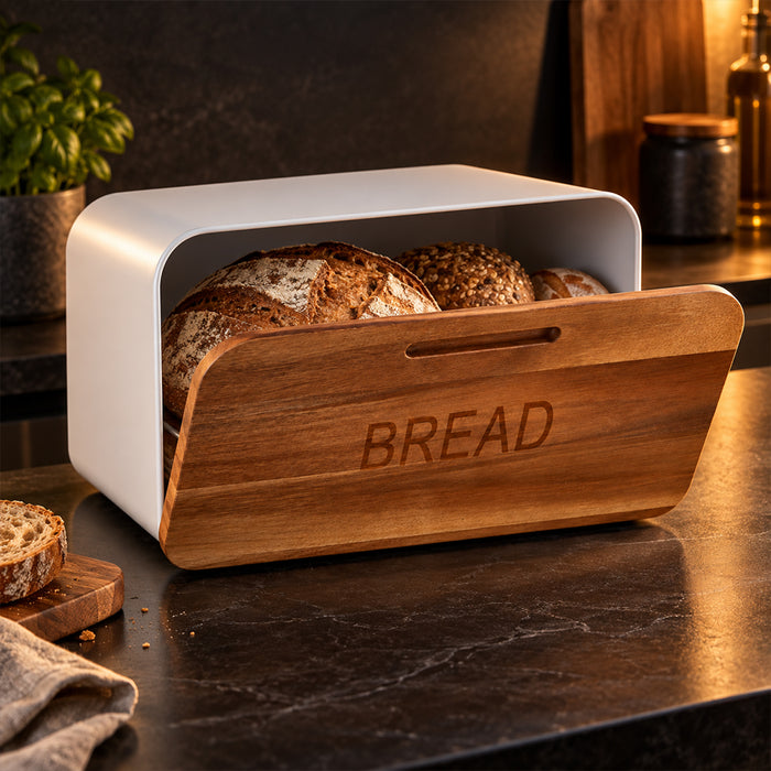 Stainless Steel Bread Bin with Wooden Lid 35.4cm