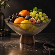 Ribbed Glass Fruit Bowl with Wooden Pedestal - 26cm
