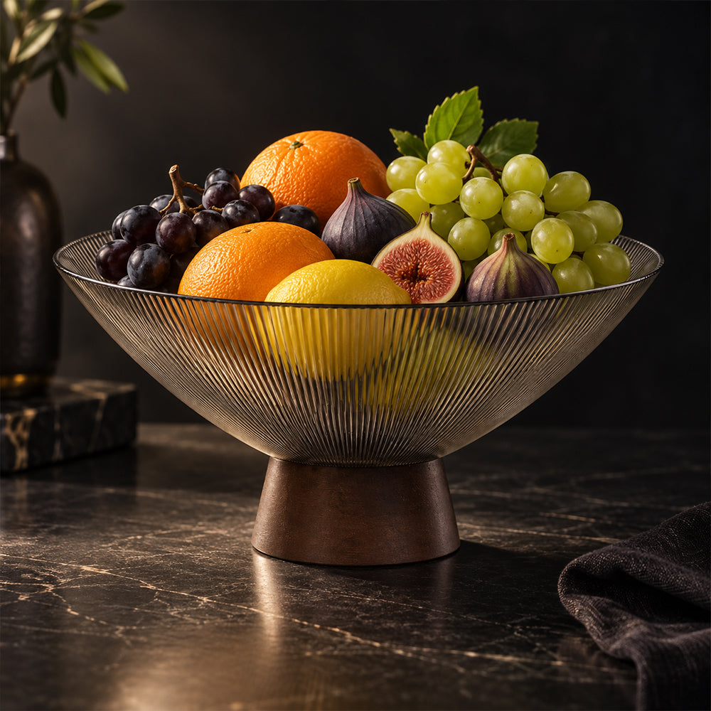 Ribbed Glass Fruit Bowl with Wooden Pedestal - 26cm