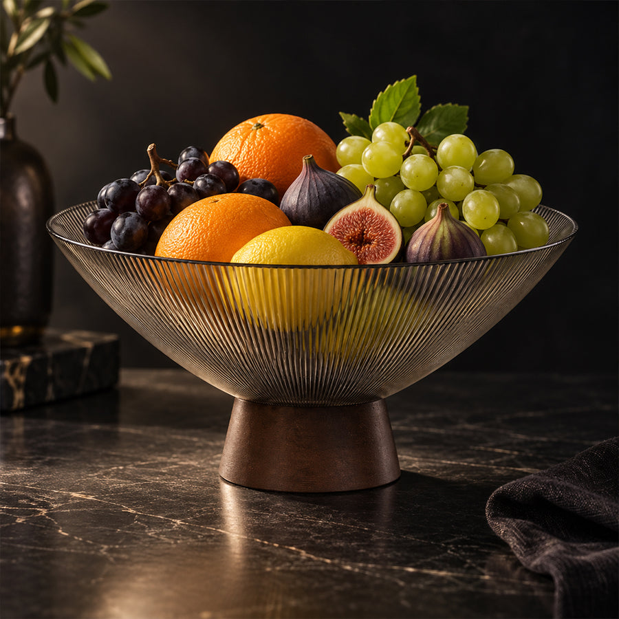 Ribbed Glass Fruit Bowl with Wooden Pedestal - 26cm