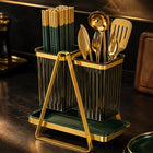 Double Cutlery and Utensil Holder with Drip Tray - Gold & Green