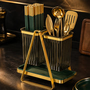 Double Cutlery and Utensil Holder with Drip Tray - Gold & Green
