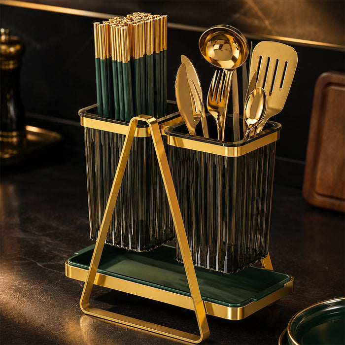 Double Cutlery and Utensil Holder with Drip Tray - Gold & Green