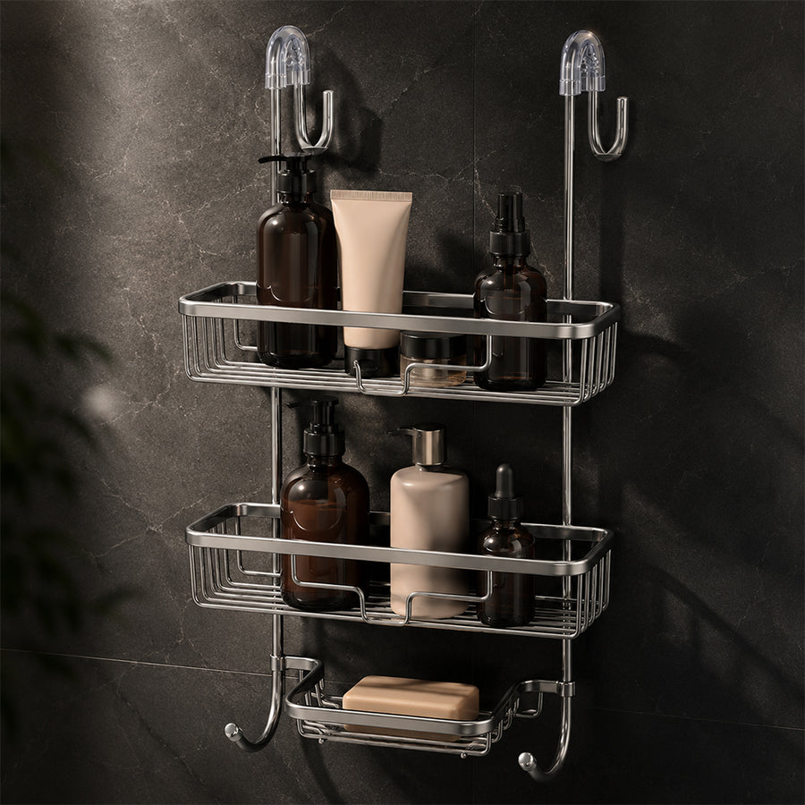 2-Tier Aluminium Hanging Shower Shelf with Soap Tray & Hooks - Silver