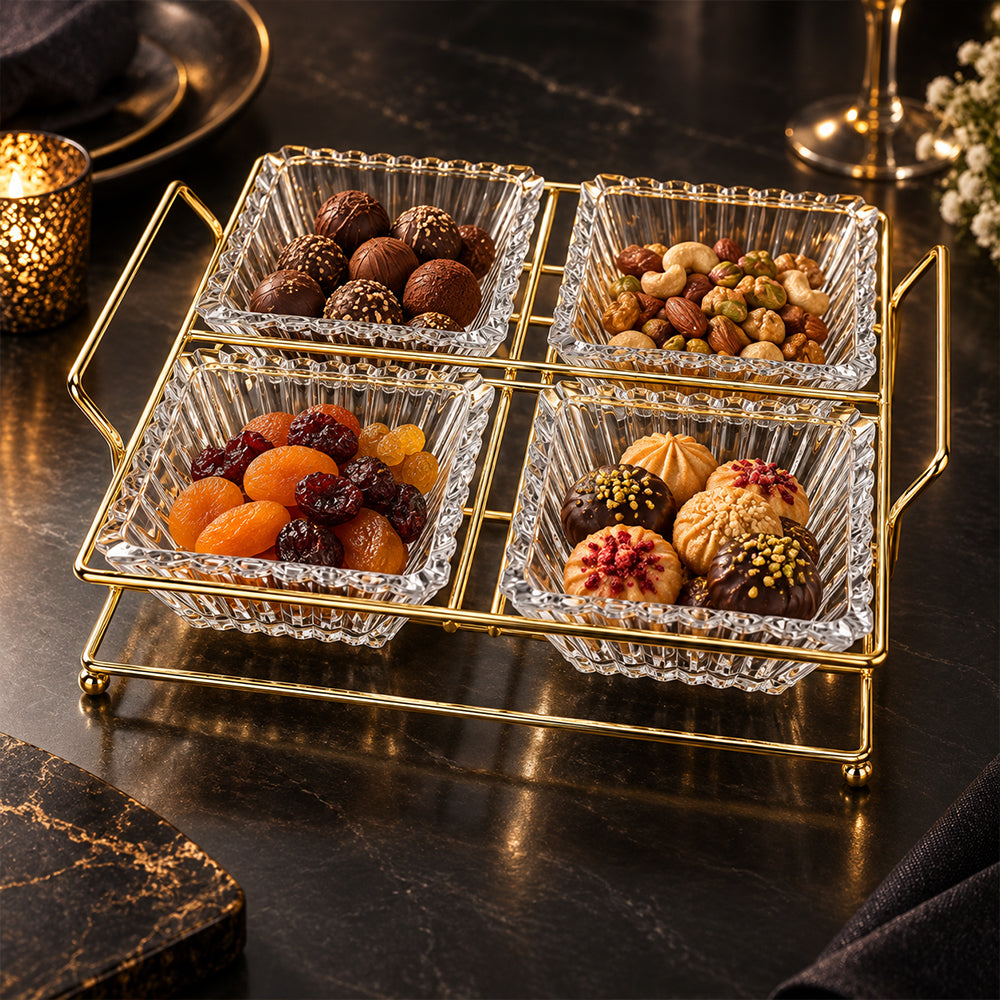 5-Piece Glass Serving Bowl Set with Metal Stand - 250ml