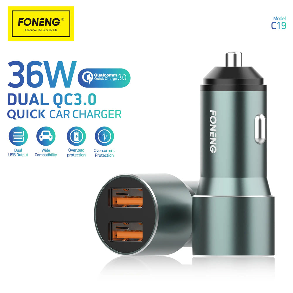 FONENG 36W Dual USB-A QC3.0 Fast Car Charger