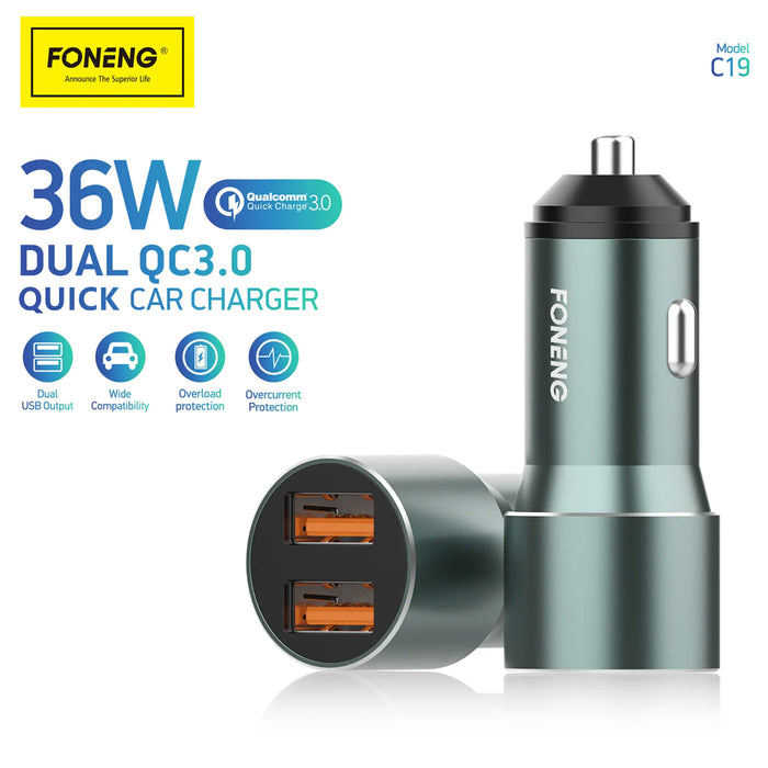 FONENG 36W Dual USB-A QC3.0 Fast Car Charger