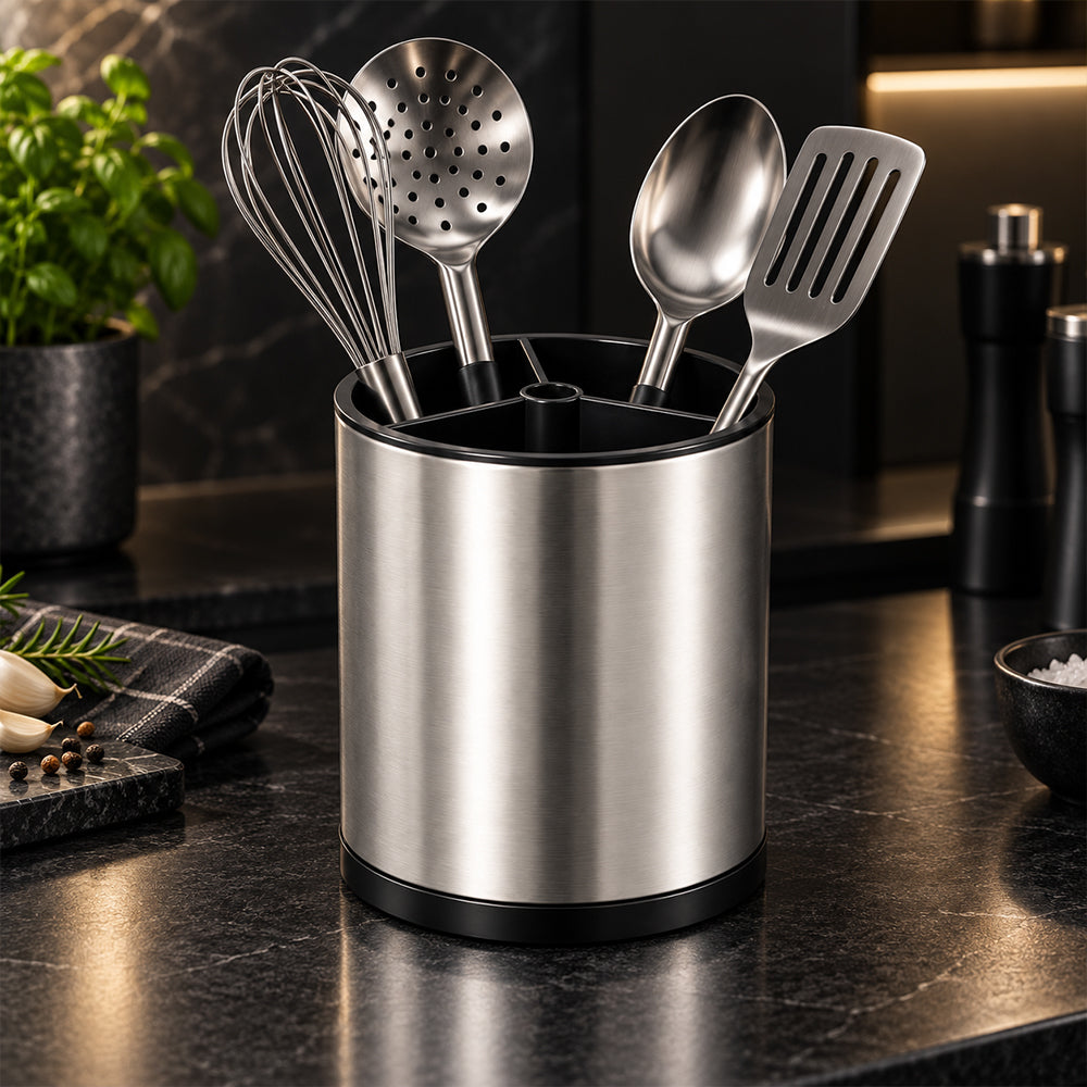 360° Rotating Cutlery & Utensil Holder with Drainage - 16cm