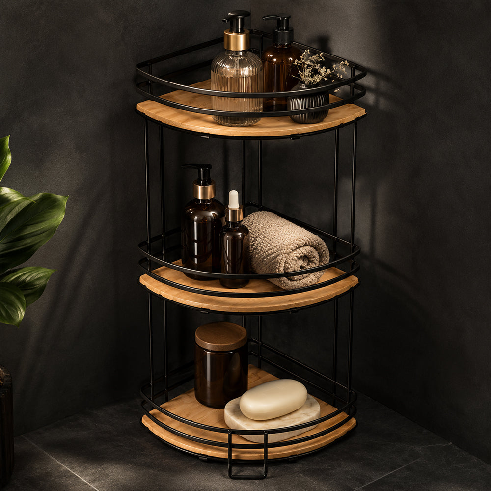 Bamboo & Metal 3-Tier Corner Shelf Organizer - Black & Natural