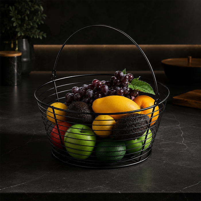 Metal Wire Fruit Basket with Carry Handle - Black