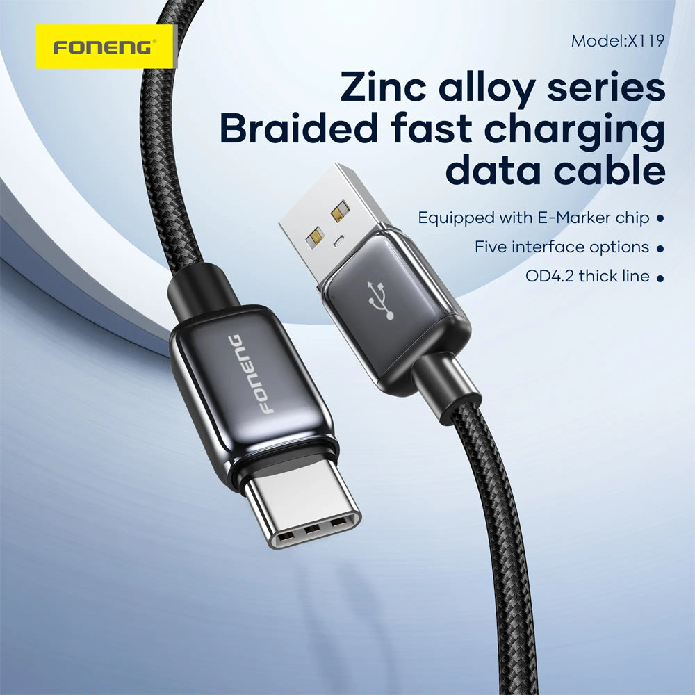 FONENG X119 1m Zinc Alloy Braided Fast Charging Cable 100W / 60W / PD27W