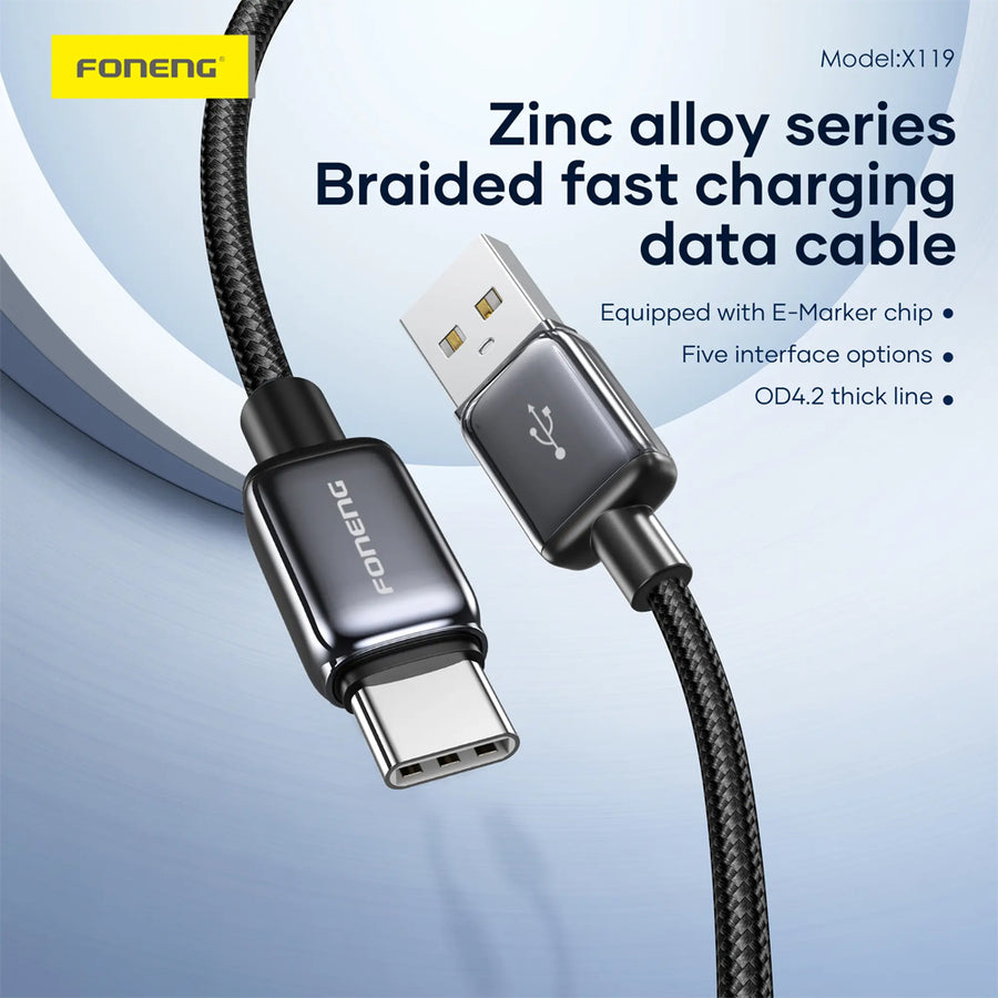 FONENG X119 1m Zinc Alloy Braided Fast Charging Cable 100W / 60W / PD27W