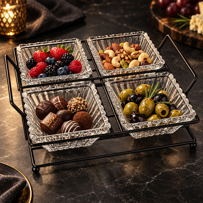 5-Piece Glass Serving Bowl Set with Metal Stand - 250ml