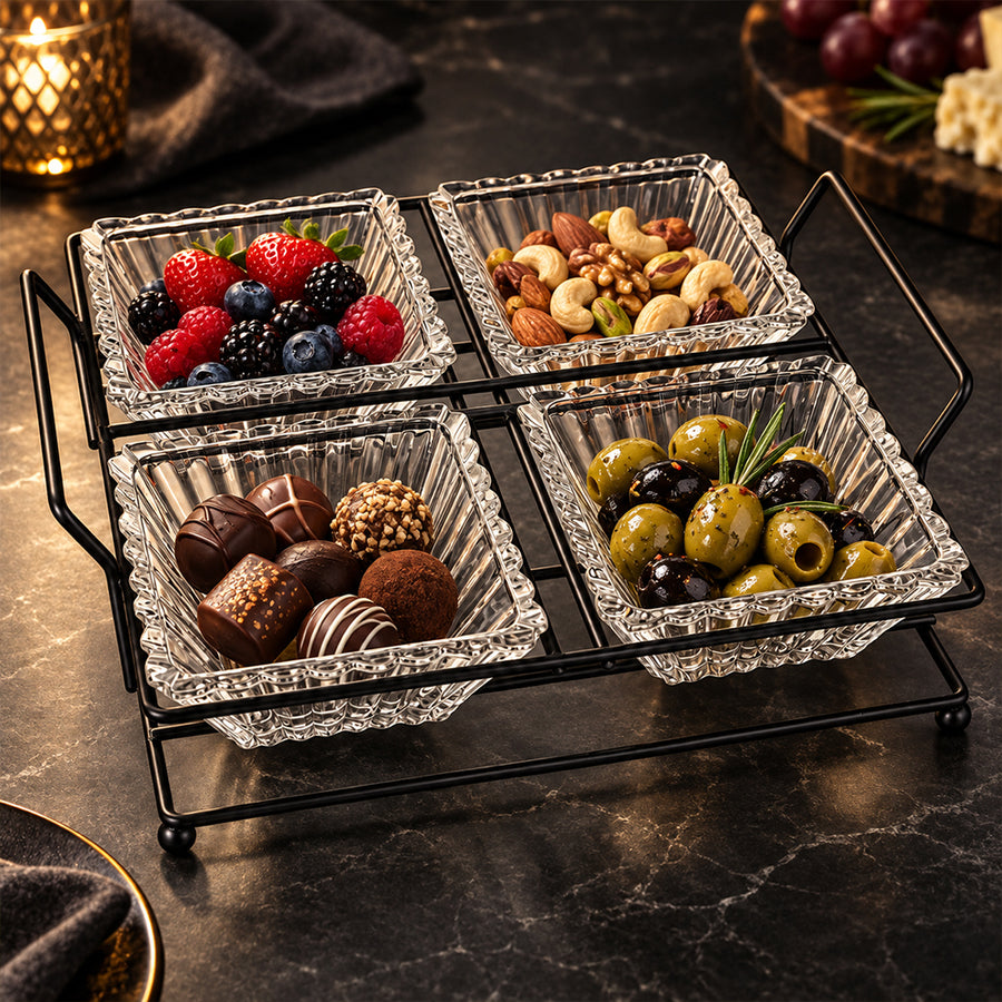 5-Piece Glass Serving Bowl Set with Metal Stand - 250ml