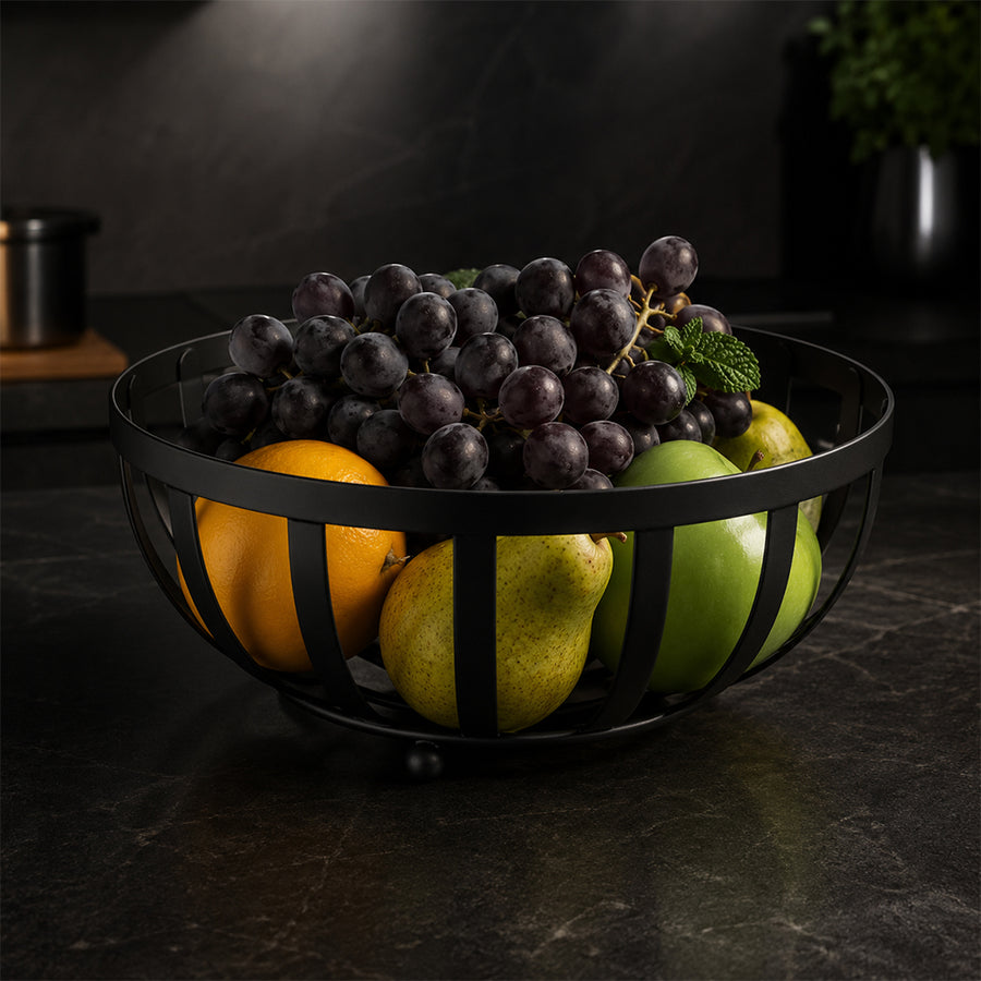 Round Metal Fruit Basket Bowl with Raised Feet - Black