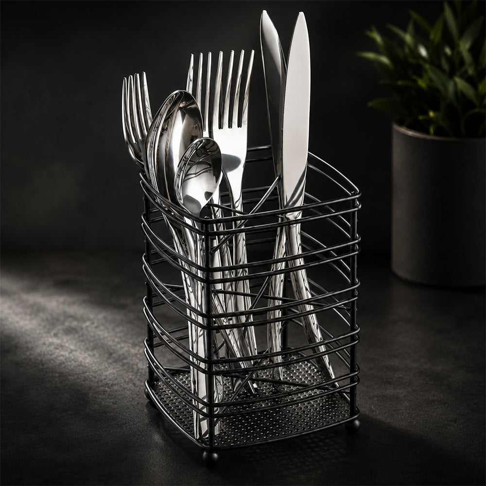 Steel Cutlery Holder with Drain Base for Spoons, Forks & Knives - Black