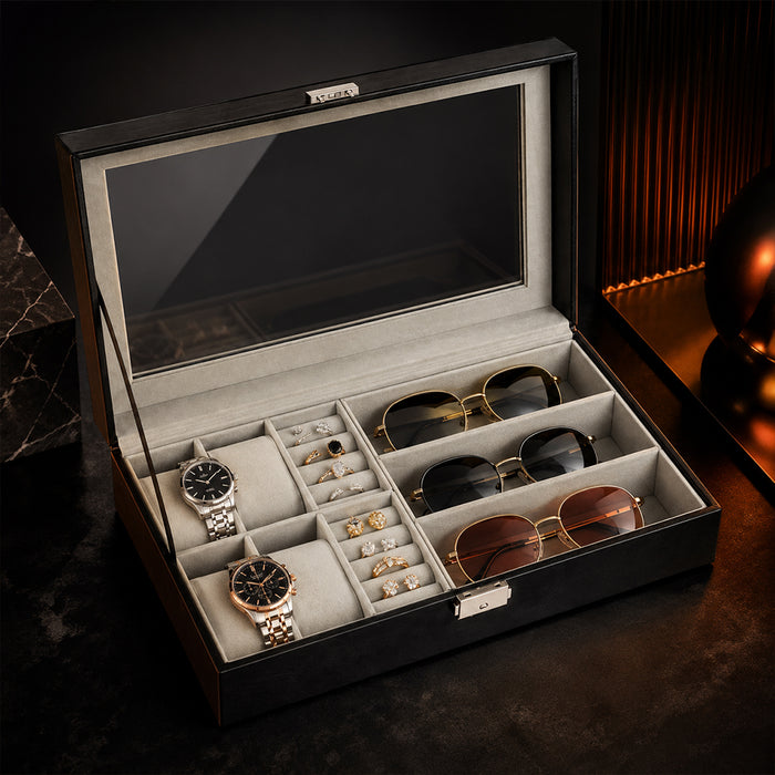 Jewellery, Watch & Sunglasses Storage Display Box with Glass Lid