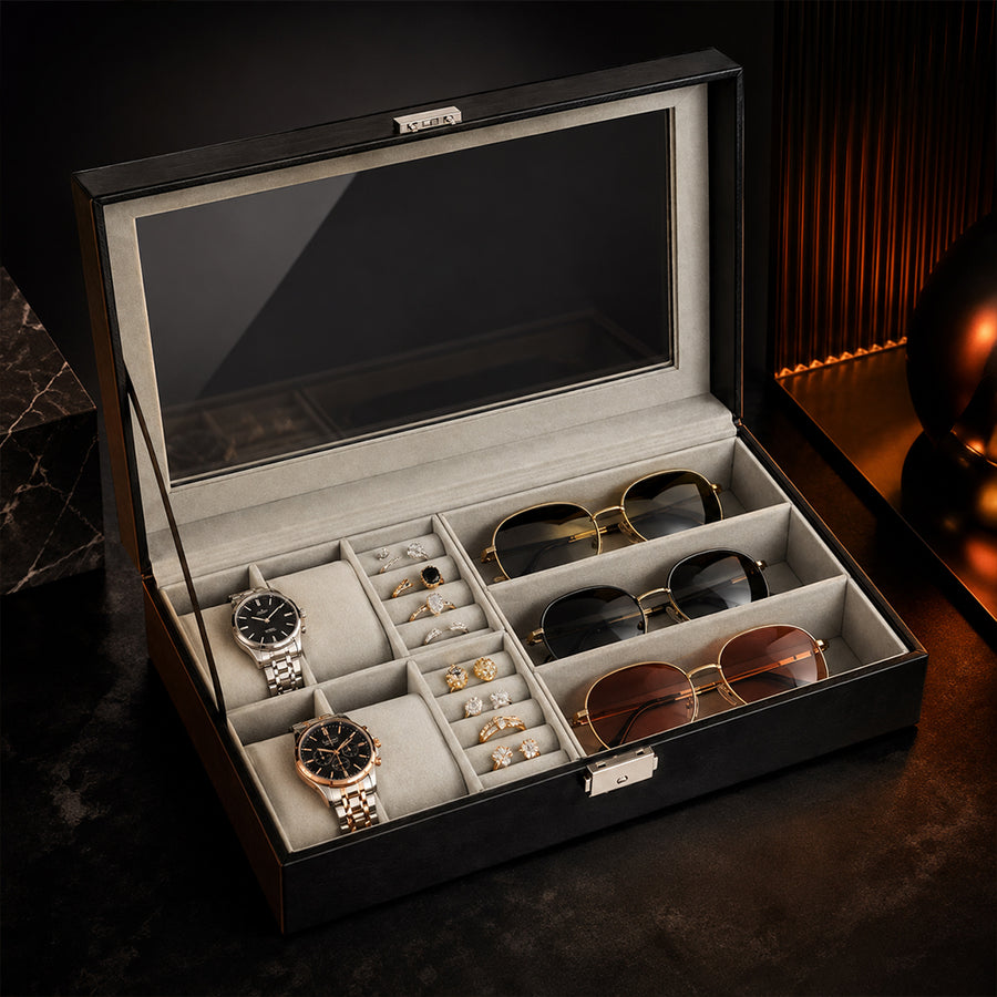 Jewellery, Watch & Sunglasses Storage Display Box with Glass Lid