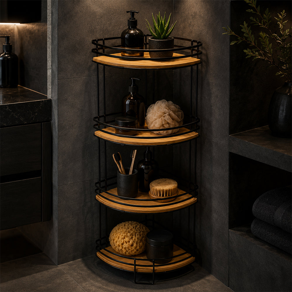 Bamboo & Metal 4-Tier Corner Shelf Organizer - Black & Natural