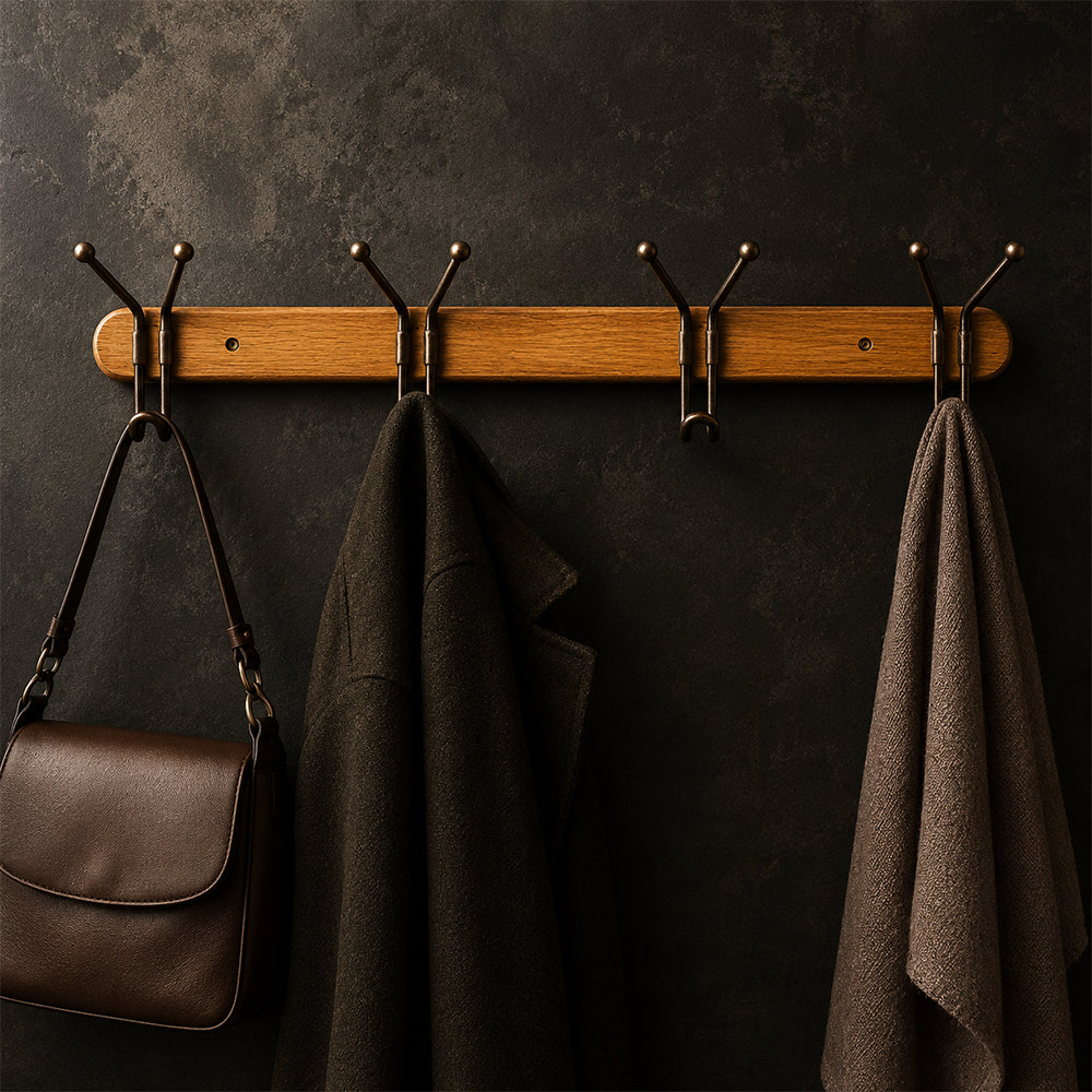 Wood & Iron 4-Hook Wall Coat Rack for Keys, Bags & Towels