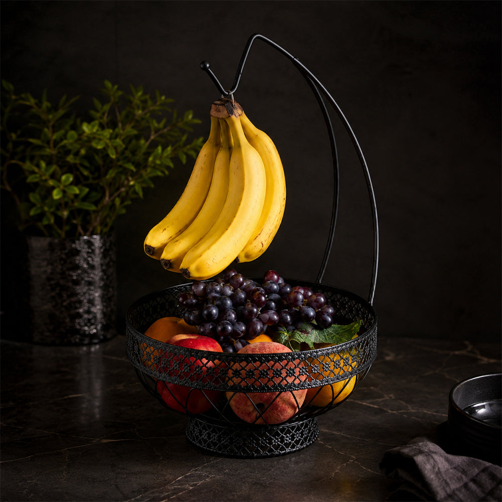 Decorative Countertop Fruit Basket with Banana Hanger - Black