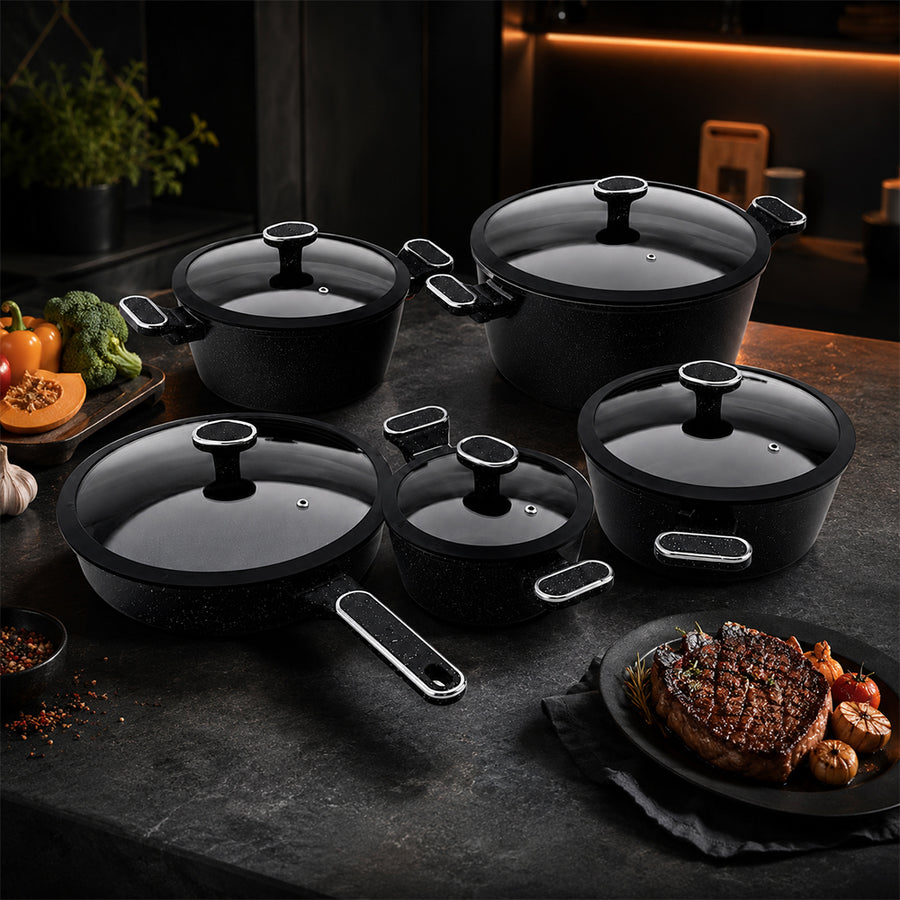 10 Pieces Premium Speckled Non-Stick Cookware Set with Glass Lids - Black