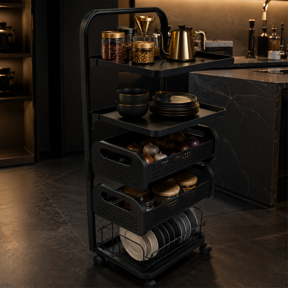 Iron Rolling Trolley Storage Rack with Dish Holder Bottom Tray - Black