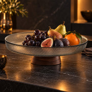 Ribbed Glass Fruit Plate with Wooden Pedestal - 25.5cm