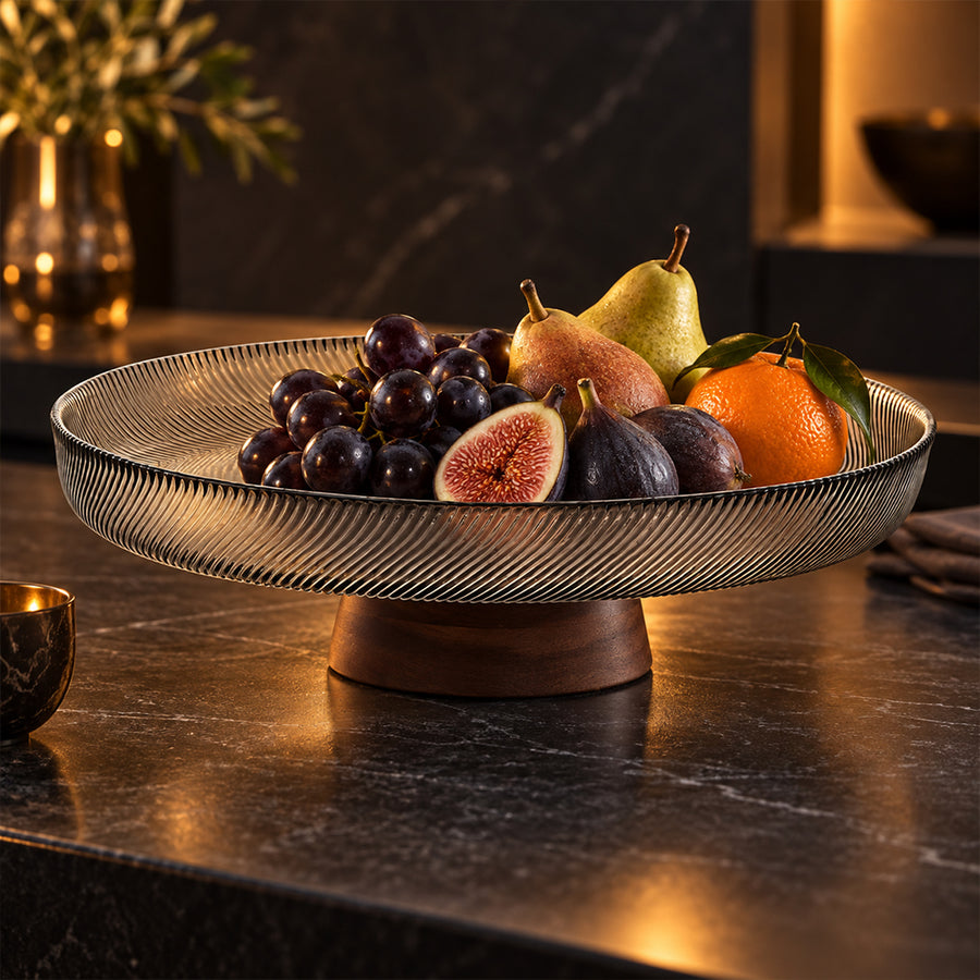 Ribbed Glass Fruit Plate with Wooden Pedestal - 25.5cm