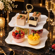2-Tier Opal Glass Dessert Serving Stand with Gold Rim - 12 Inch