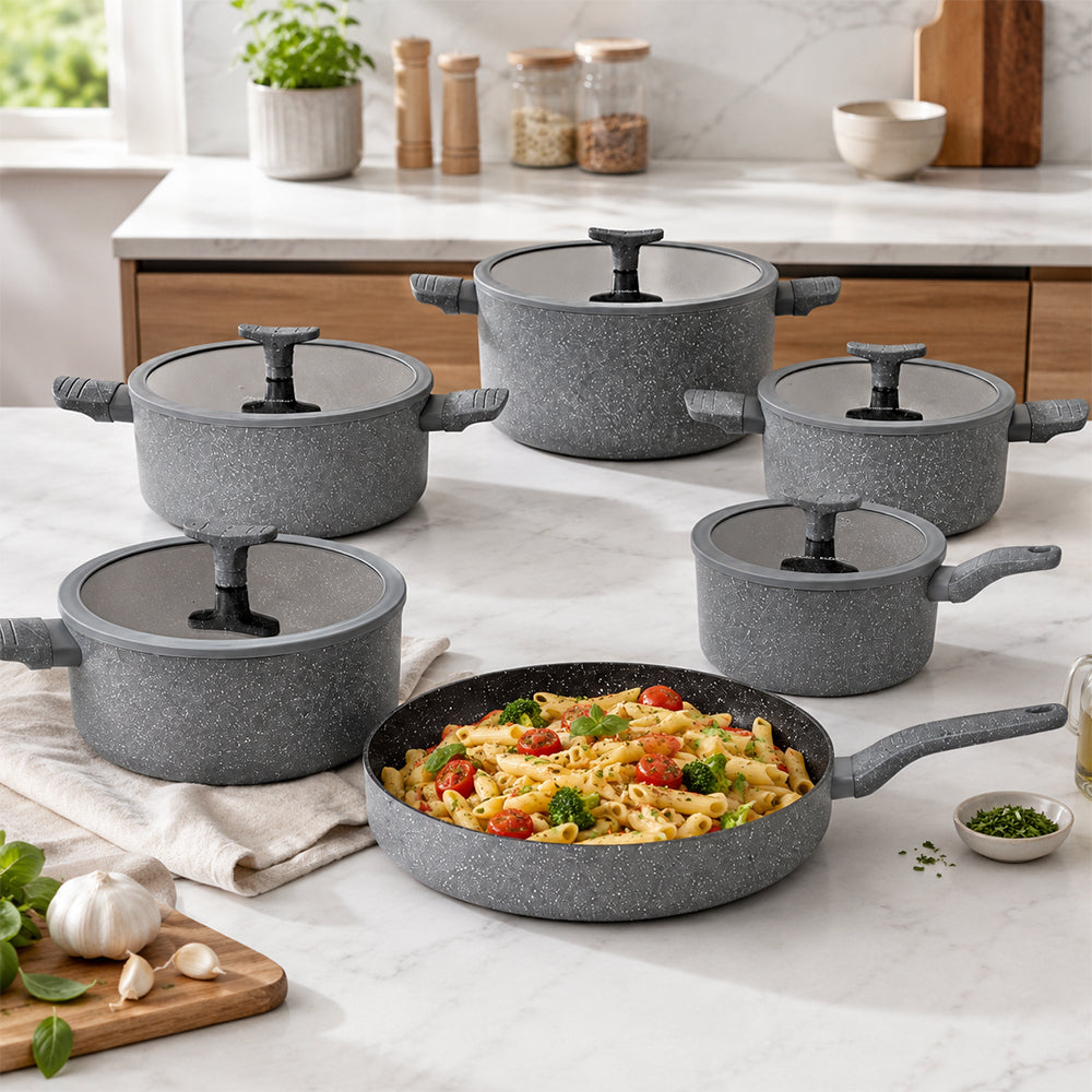 11-Piece Granite Cookware Set with Glass Lids and Cooking Utensils