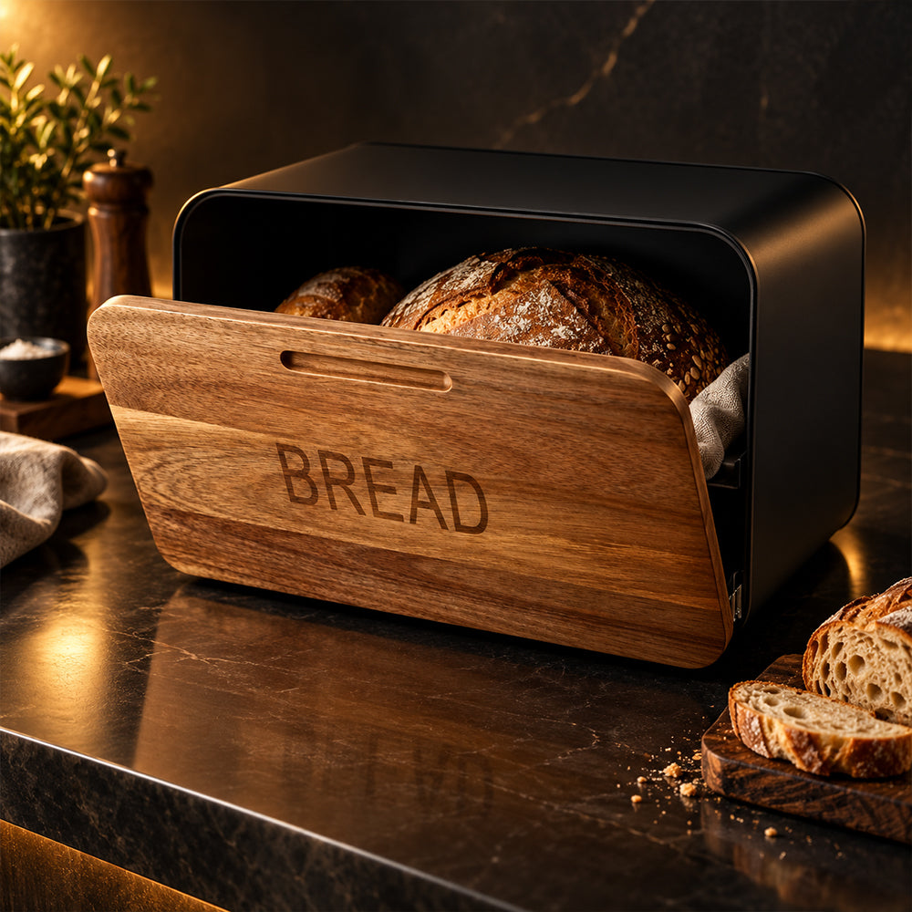Stainless Steel Bread Bin with Wooden Lid 35.4cm