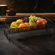 Decorative Rectangular Metal Fruit Basket with Scroll Feet - Black