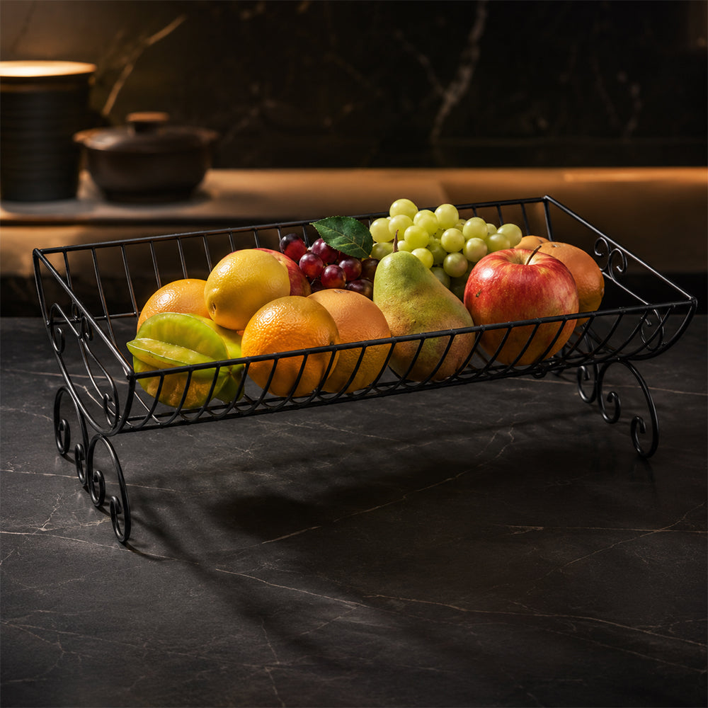 Decorative Rectangular Metal Fruit Basket with Scroll Feet - Black