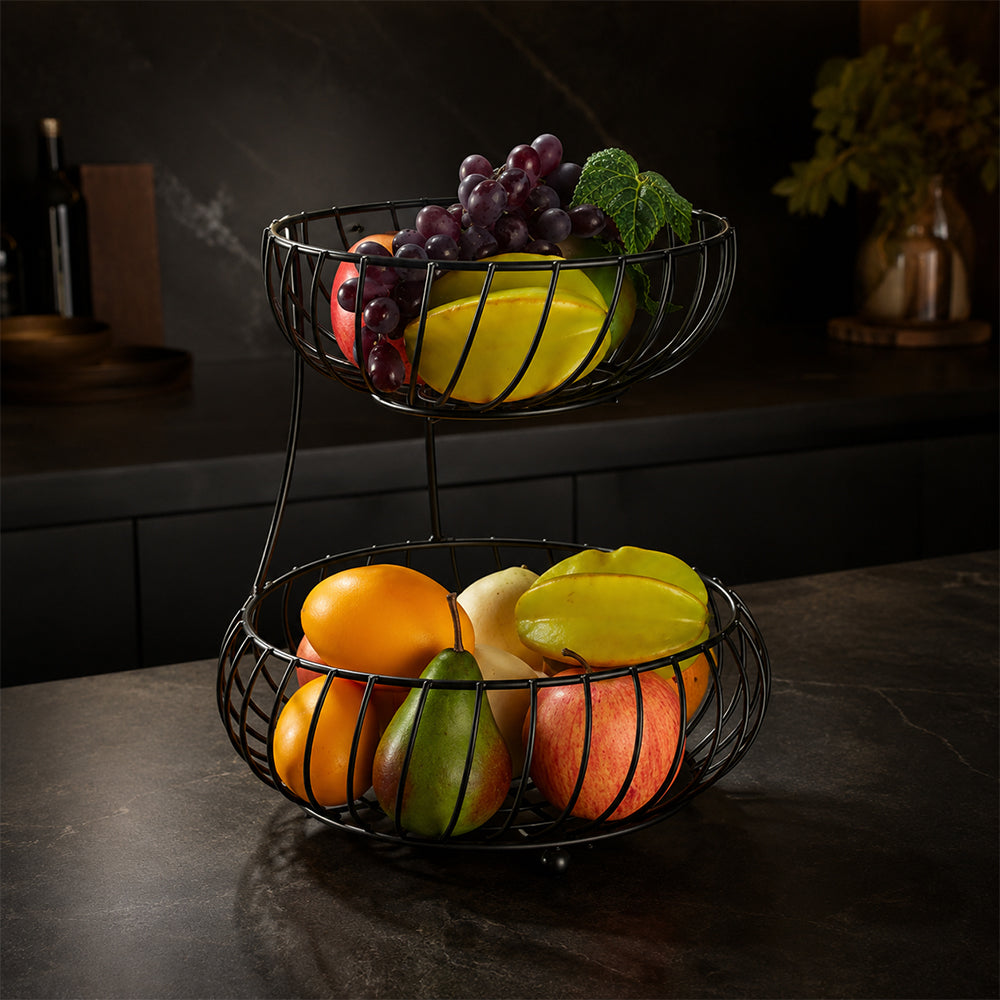 2-Tier Round Fruit Basket Stand for Kitchen Countertop - Black