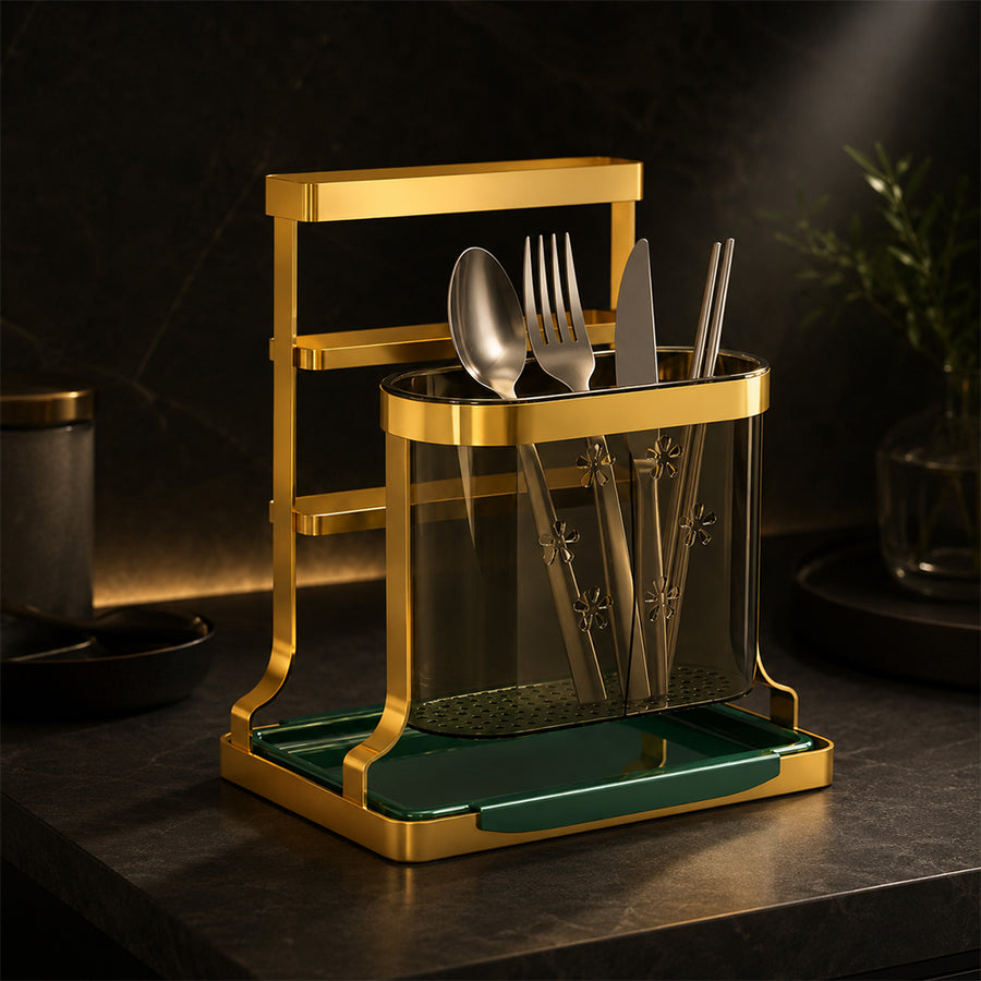 Gold Cutlery Holder with Drip Tray for Kitchen Counter