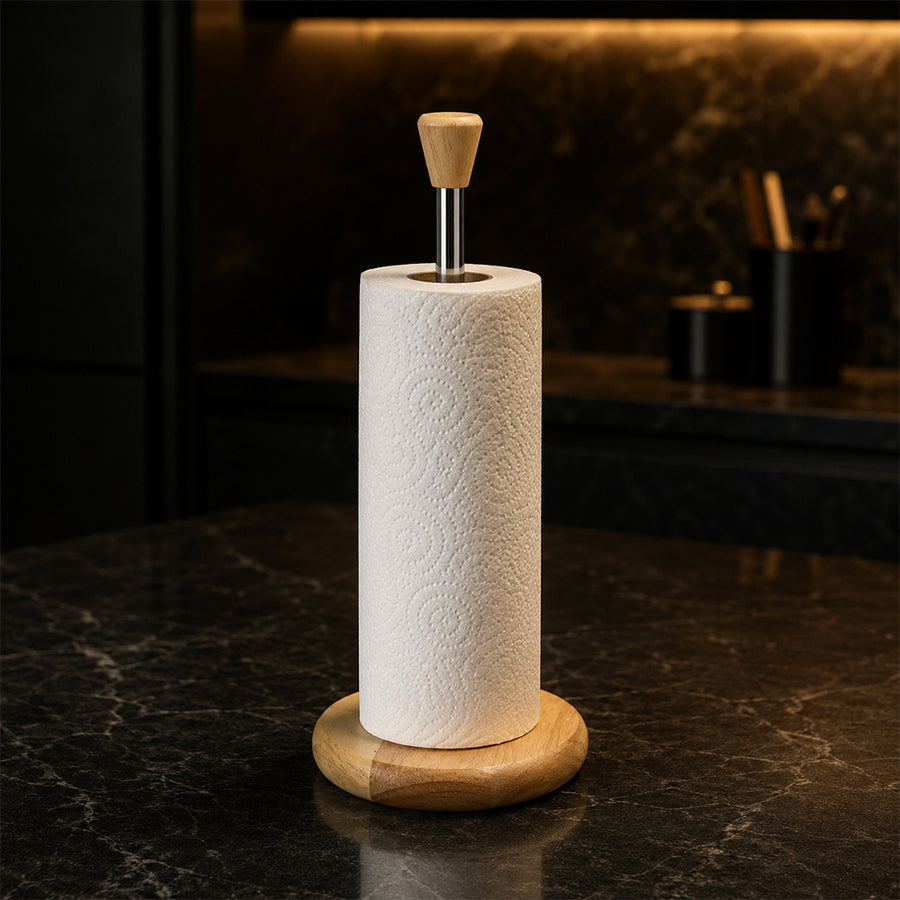 Wooden Countertop Paper Towel Holder with Chrome Rod & Wood Handle