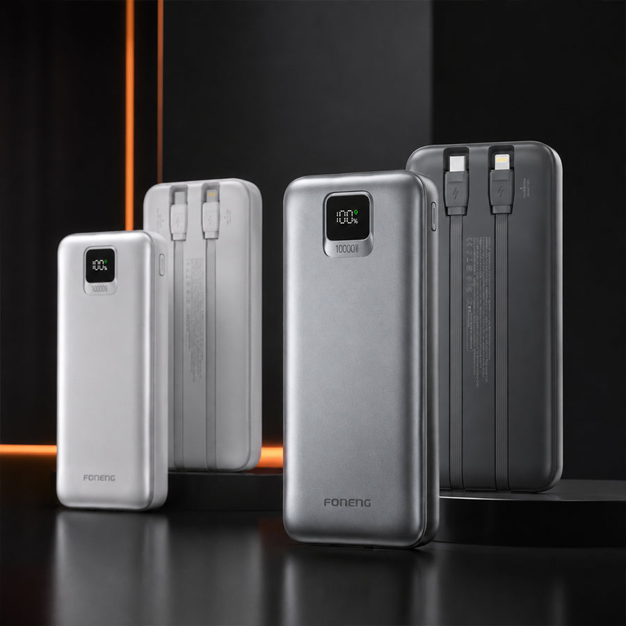 FONENG 10000mAh 22.5W Fast Charging Power Bank with 2 Built-In Cables