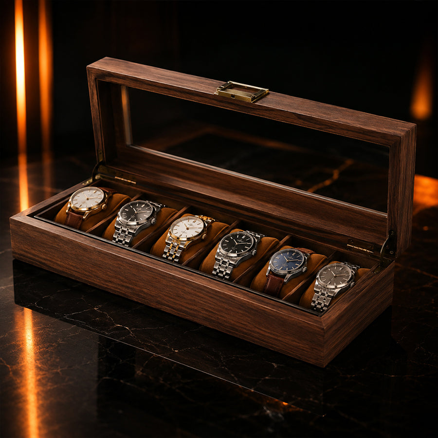 6-Slot Wooden Watch Storage Box with Glass Display Lid