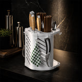 Metal Cutlery and Knife Holder with Drain Tray & Side Hooks - White