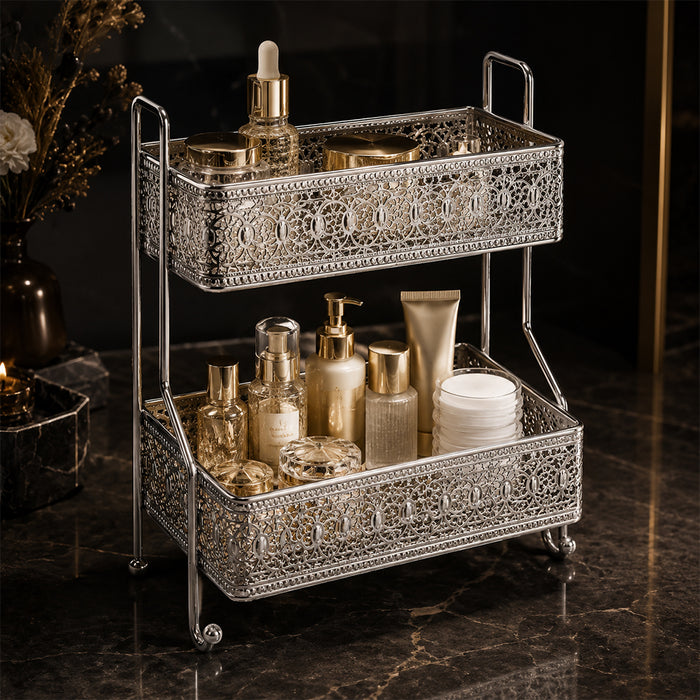 2-Tier Decorative Iron Storage Rack for Bathroom, Kitchen & Vanity - Silver