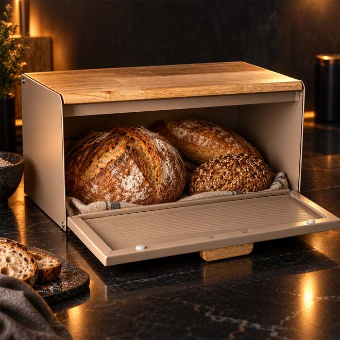 Stainless Steel Bread Bin with Wooden Lid 35.6cm