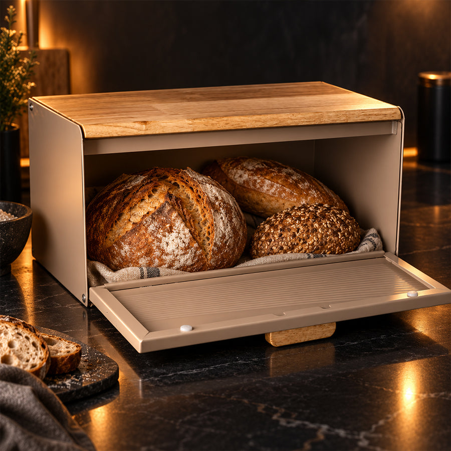 Stainless Steel Bread Bin with Wooden Lid 35.6cm