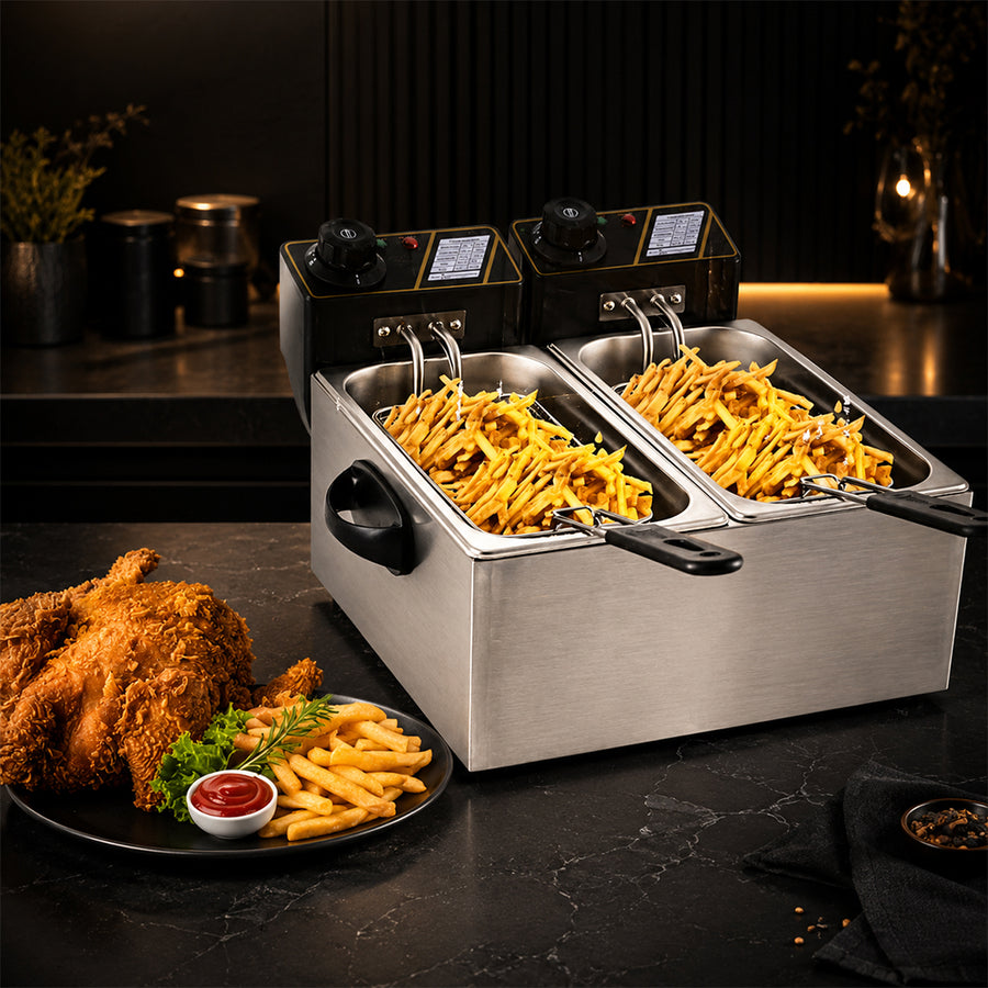 8L Dual Basket Electric Deep Fryer 3000W with Adjustable Temperature Control